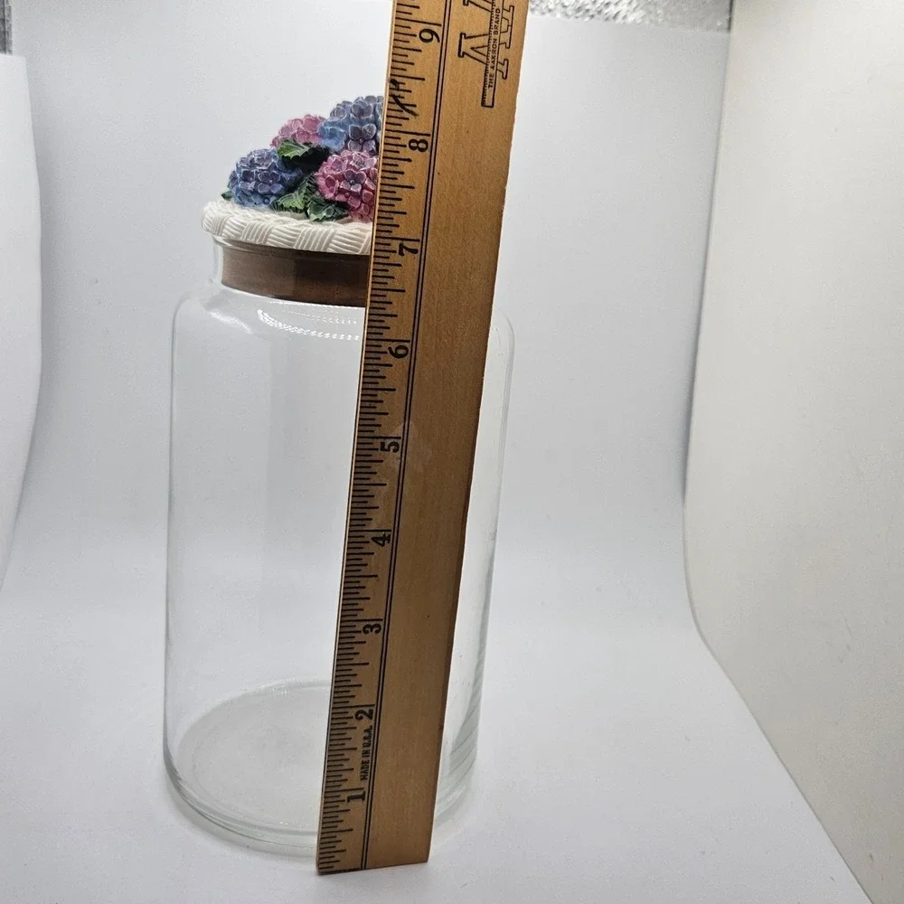Vintage Glass Canister Jar Hydrangea Floral Resin Lid Cottagecore 8